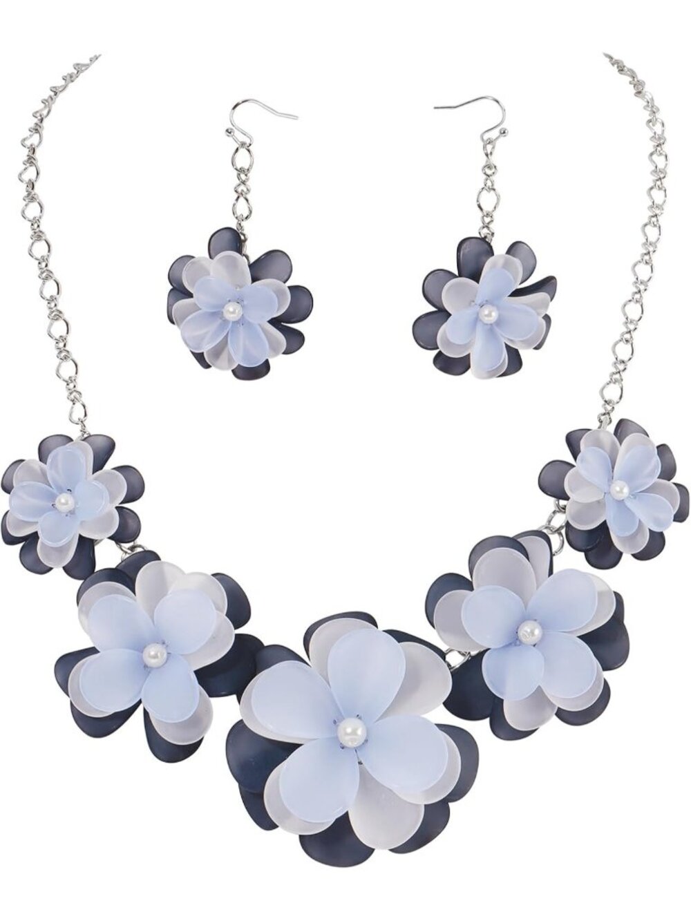 Women Mix Blue Acrylic Flower Choker Necklace Earrings Set Boho Summer Jewelry